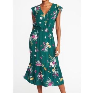 Flutter Sleeve Green Flowered Midi Dress